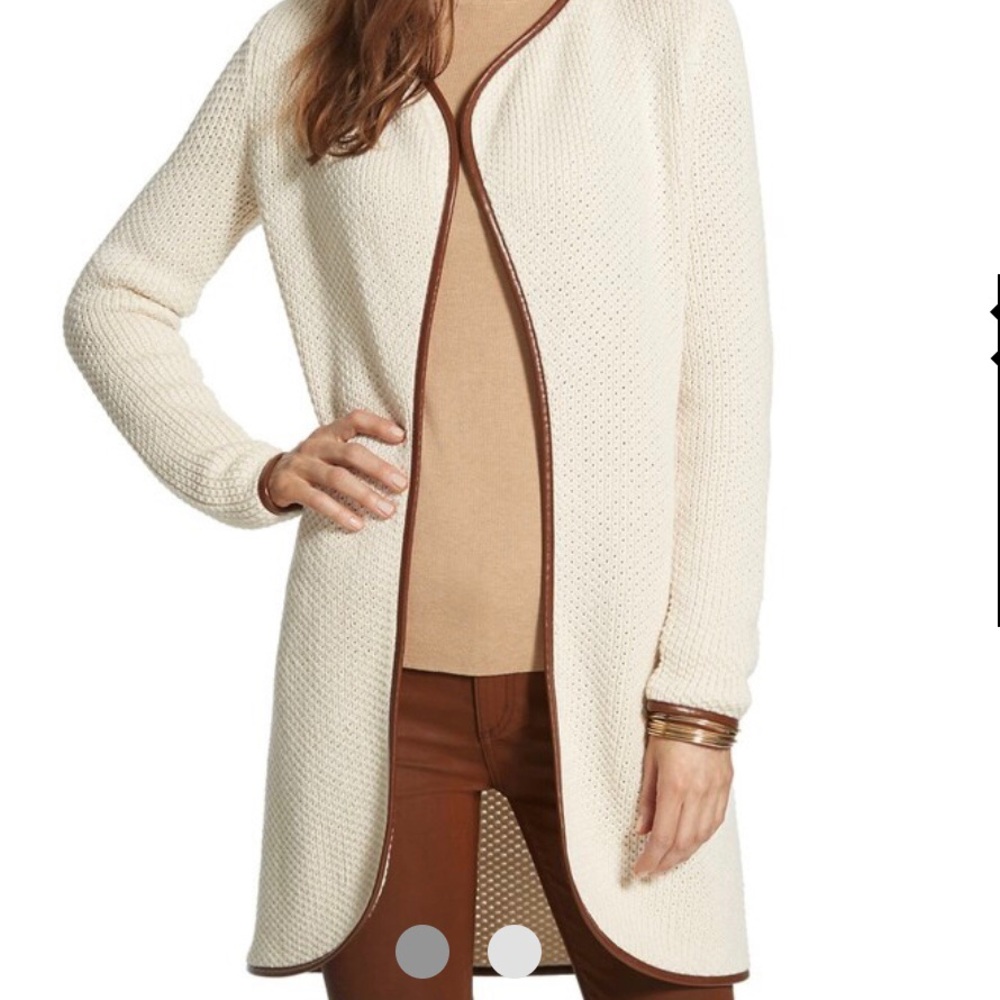 NWOT: Chicos textured cardigan w/faux leather trim